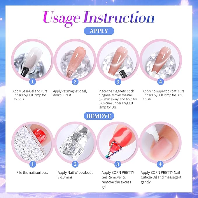 Born Pretty Magnetic Gel Nail Polish Set,Purple Blue Cat Magnetic Eye Gel Jelly Glass Crystal Magnetic Gel Polish Nail Art Manicure Kit 6PCS-VivaGrace Women