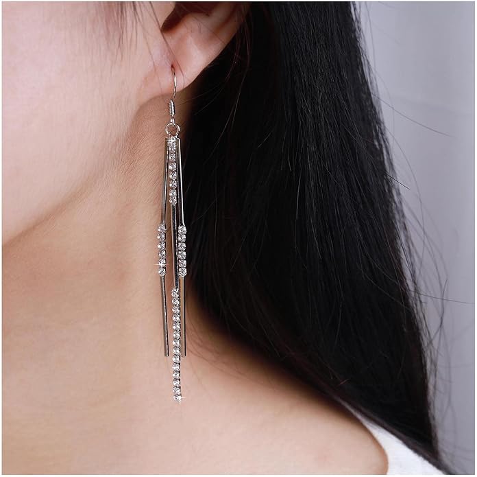 Vintage Crystal Tassel Earrings Rhinestone Bar Drop Earrings Long Rhinestone Chain Earrings Gold Cz Bar Hook Earrings Sparkle Tennis Chain Earrings Jewelry for Women-VivaGrace Women