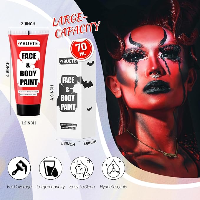 Devil Red Water Based Face Body Paint, 2.37 OZ Large Tube Full Coverage Face Paint for Cosplay Joker Vampire Spiderman, Washable Red Body Painting Cream for Adult Carnival Halloween SFX Makeup-VivaGrace Women