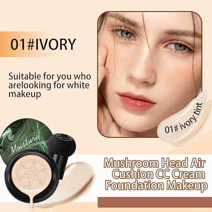 Mushroom Head Air Cushion CC Cream Foundation Makeup,Moisturizing Non-Greasy BB Cream Foundation,Long Lasting Matte Concealer Full Coverage Face Makeup Liquid Foundation for All Skin Types(Ivory)-VivaGrace Women