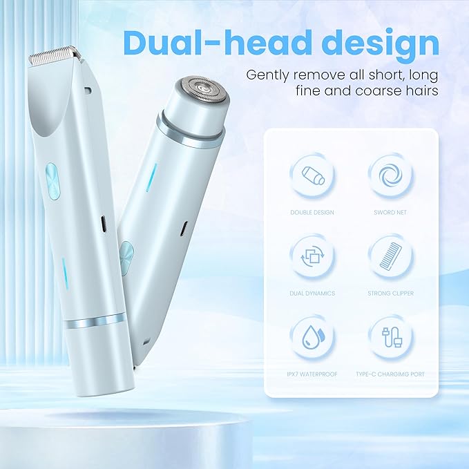Bikini Trimmer for Women-2 in 1 Electric Razors for Women,USB Rechargeable Bikini Electric Shaver,IPX7 Waterproof Dry & Wet Use Body Hair Trimmer and Facial Hair Remover for Underarm Leg Body,Blue-VivaGrace Women