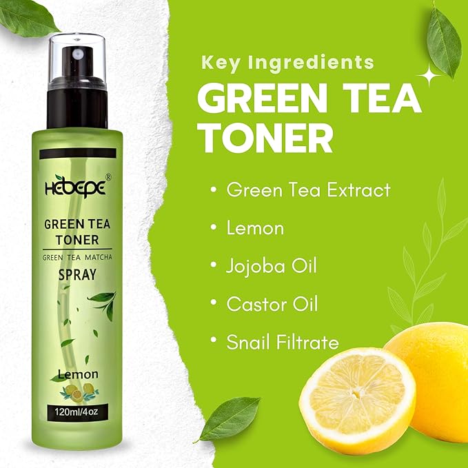Green Tea Matcha Facial Toner Mist with Lemon, Refreshing, Moisturizing, and Soothing Face Toner, with Jojoba Oil, Castor Oil, Snail Filtrate,120ml-VivaGrace Women