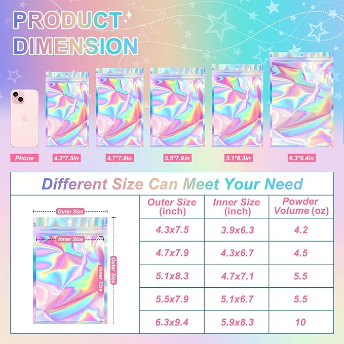 ANZNKU 100 Pack Mylar Bags Reasealable Holographic Bags, Smell Proof Bag Zipper Pouches with Clear Window, Jewelry Candy Sealable Bag for Packaging Sample Party Favor (4.7 x 7.9 Inch)-VivaGrace Women