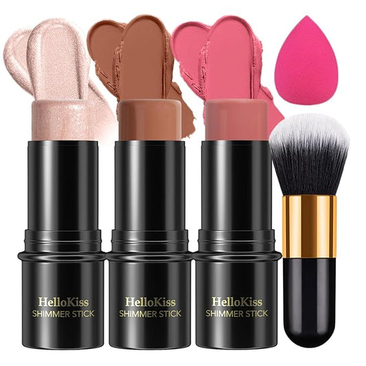 3Pcs Cream Contour Stick, with Highlighter Stick Bronzer Stick Blush Stick, Face Contour Stick Highlighter Makeup with Makeup Brush and Sponge for Sculpt the Cheeks, Long Lasting, Waterproof-VivaGrace Women