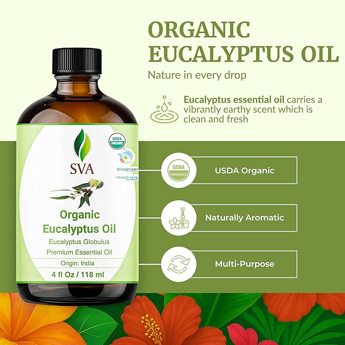 SVA Eucalyptus Essential Oil Organic – 4 Fl Oz – 100% Natural Organic Eucalyptus Oil - for Diffuser, Hair, Face, Skin Care, Aromatherapy, Scalp and Body Massage, Soap and Candle Making - with Dropper-VivaGrace Women