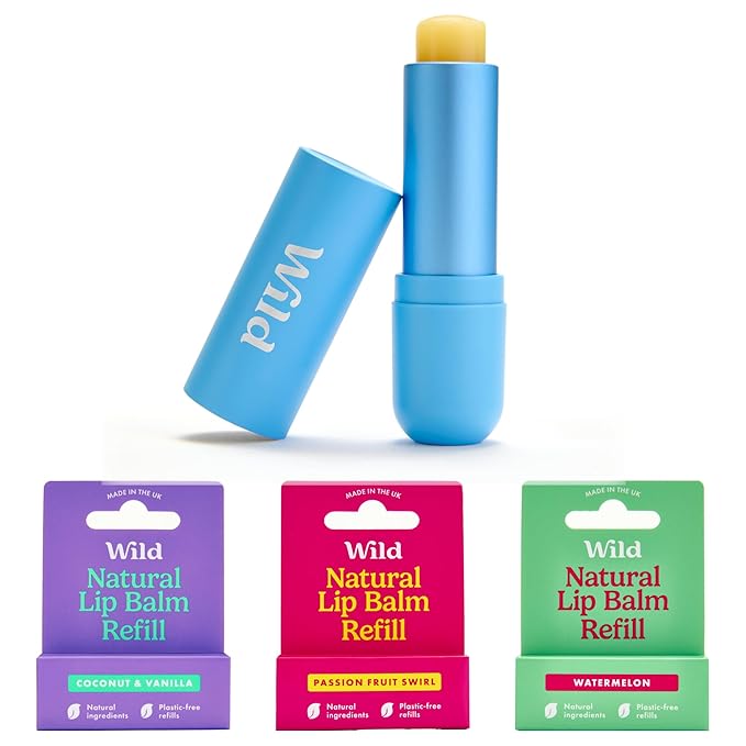 Wild Refillable Lip Balm Starter Kit - Includes Blue Aluminum Case & 3 Pack Lip Balm Refills in a Variety of Scents - Includes Coconut & Vanilla, Passionfruit Swirl & Watermelon Flavors-VivaGrace Women