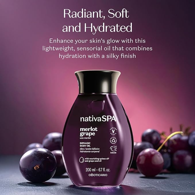 Nativa SPA by O Boticário Merlot Grape Biphase Body Oil, with Quinoa & Grapeseed Oils, Silky Glow with Hydration, 6.7 Ounce (200ml)-VivaGrace Women