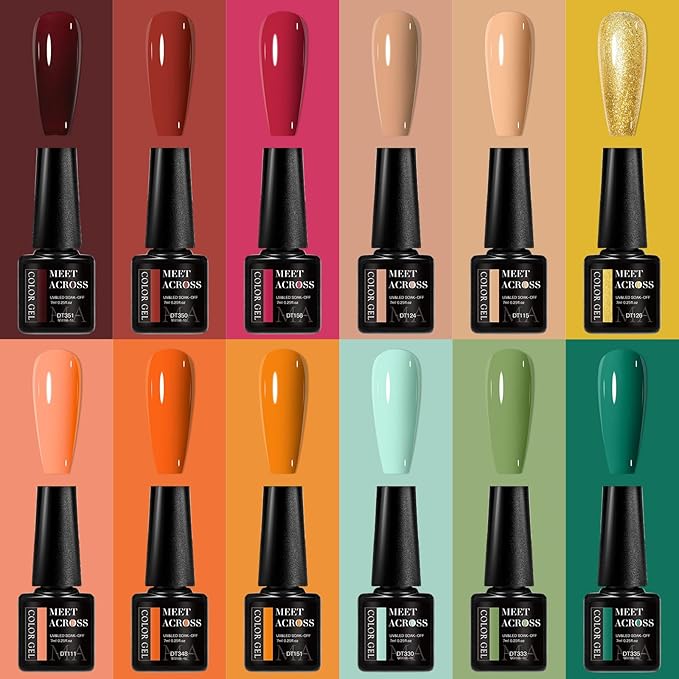 MEET ACROSS 12pcs Gel Nail Polish Set,Soak Off UV LED Lamp Gel Nail Polish Kit,Fashion Shimmer Nail Art Design Gifts for Women Manicure Salon (autumn scenery)