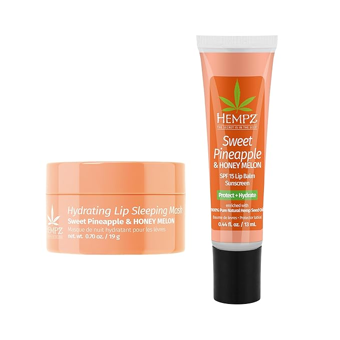 Hempz Hydrating Lip Sleeping Mask - Sweet Pineapple & Honey Melon (.70 Oz.) | Overnight Hydrating Lip Balm with Sweet Pineapple & Honey Melon Herbal Lip Sunscreen .15 oz. SPF 15-VivaGrace Women