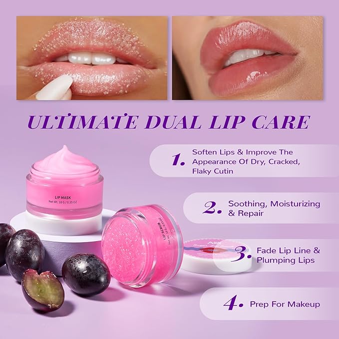 ANAI RUI Lip Therapy Set, Lip Scrub & Lip Mask, Overnight Hydrating Lip Moisturizer with Lip Exfoliator Scrub and Lip Sleeping Mask for Lip Plumping, Lip Gift Kit for Dry, Chapped, Dark Lips, Grape-VivaGrace Women