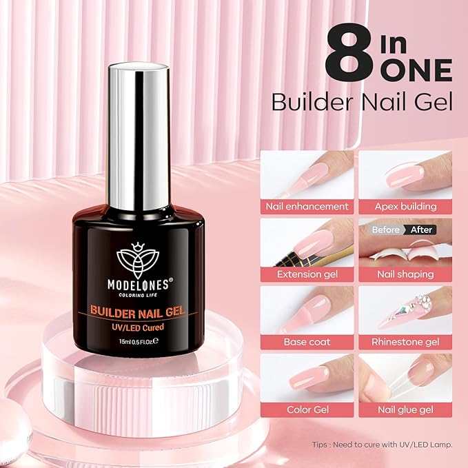 modelones Builder Nail Gel, 8-in-One Pink Shimmer Builder, Sparkle Glitter Pink Rubber Base Gel Polish LED Lamp Cured Hardener Color Base Strengthener Extension for Home DIY Salon Girls-VivaGrace Women