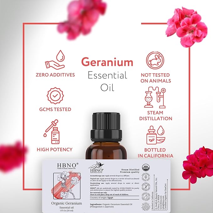 HBNO Organic Geranium Essential Oil - 1 oz (30ml) - USDA Certified Organic Geranium Essential Oil for Aromatherapy, Soap Making, DIY, Fragrances, Diffuser.-VivaGrace Women