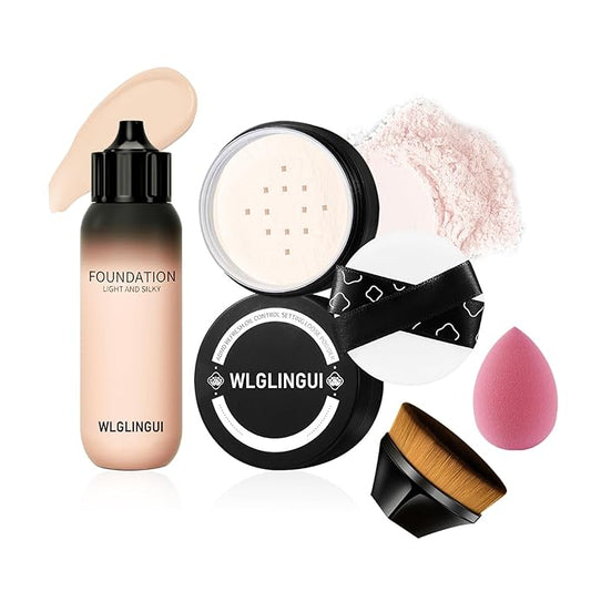 Full Coverage Liquid Foundation Makeup Set,Oil Control Concealer Long Lasting Waterproof Loose Setting Face Powder,Moisturizing BB Cream Set with Soft Makeup Sponge and Foundation Makeup Brush（4PCS）-VivaGrace Women