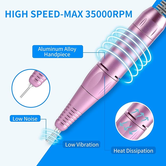 Portable Nail Drill Professional 35000 RPM, MOCOWIND Rechargeable Electric Nail File Machine for Acrylic Nails Gel Polishing Removing, Cordless E-File with Bits for Manicure Salon Home, Blue & Purple-VivaGrace Women