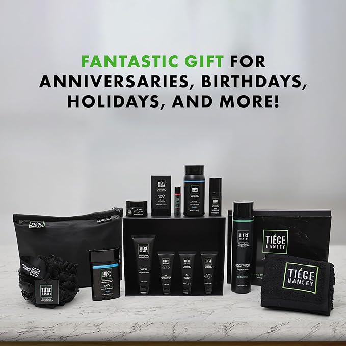 Tiege Hanley Mens Skin Care Gift Box Set, Platinum - Men's Skincare Set Includes Face Wash, AM & PM Moisturizer, Scrub, Eye Cream, Clay Mask, Retinol Stick, Body Wash, Deodorant, Lip Balm-VivaGrace Women
