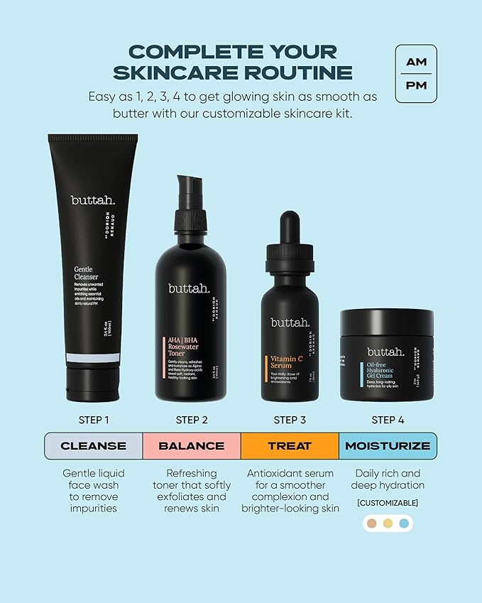 Buttah Skin Supreme Kit for Melanin Rich Skin | Oil-Free Hyaluronic Gel Cream 2 oz | Vitamin C Serum 1 oz | Cleanser 3.4 oz | Rosewater Toner 3.4 oz | Black Owned Skincare-VivaGrace Women