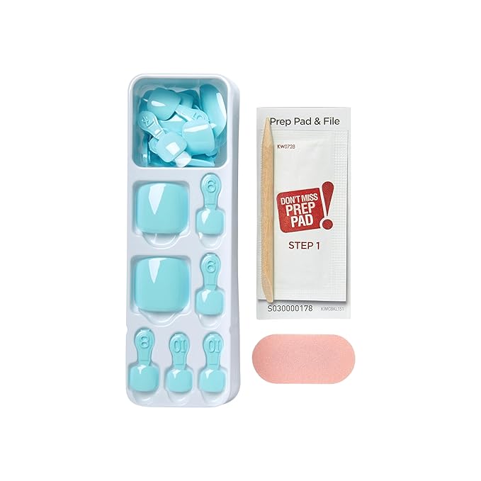 KISS imPRESS No Glue Pedi Press-On Nails, Toenails, 'Fruitful', Light Blue, Short Size, Squoval Shape, Includes 24 Nails, Prep Pad, Instructions Sheet, 1 Manicure Stick, 1 Mini File
