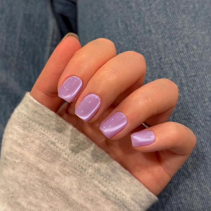KQueenest Thick Cat Eye Gel Nails Press ons, Glitter Press on Nails Short Square, Sparkle Bling Fake Acrylic Nails Glue on Short, Shiny and Cute Small False Nails with Design Manicure 30 Pcs, Lilac