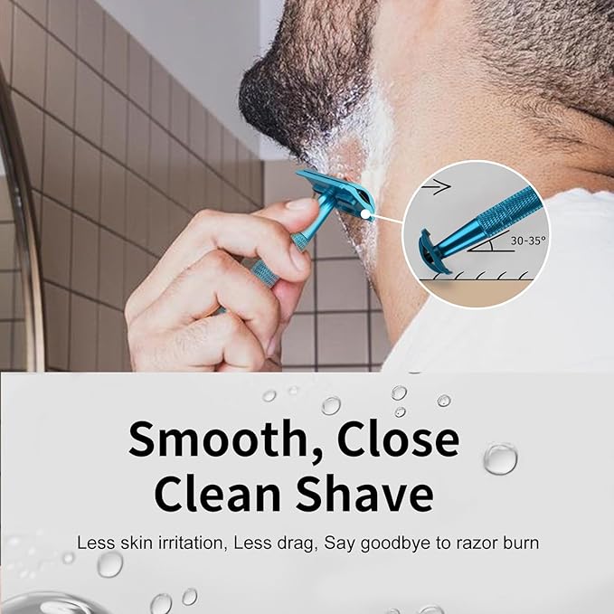 Double Edge Safety Razor, Single Blade Razors for Men and Women, with 10 Stainless Steel Safety Razor Blades, Smooth and Close Wet Shaving, Plastic Free, Blue-VivaGrace Women