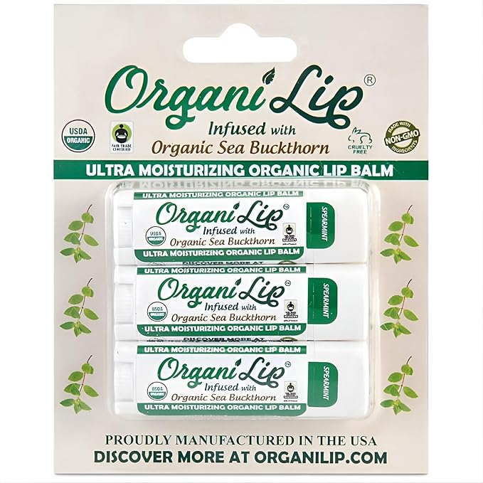 Organic Lip Balm, Spearmint Flavor, Ultra Hydrating Lip Moisturizer for Dry Lips, Oval Shaped Tube, USDA Certified Organic, 3 Pack - OrganiLip-VivaGrace Women