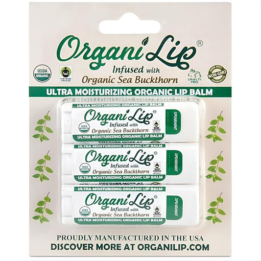 Organic Lip Balm, Spearmint Flavor, Ultra Hydrating Lip Moisturizer for Dry Lips, Oval Shaped Tube, USDA Certified Organic, 3 Pack - OrganiLip-VivaGrace Women