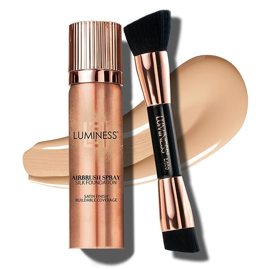 LUMINESS Silk Airbrush Spray Foundation & Buffing Brush Kit – Full Coverage Foundation & Dual-Sided Buffing Brush - Buildable Coverage, Anti-Aging Formula Hydrates & Moisturizes (Shade - Fair)-VivaGrace Women