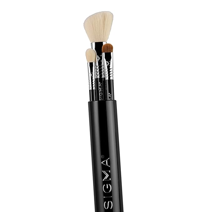 Sigma Beauty Travel Essential Trio - Makeup Brush Set for Foundation Powder Eyeshadow - 3 Tool Brushes with Brush Tin Holder - Skin Safe, Vegan Makeup Brushes for Travel - Black-VivaGrace Women