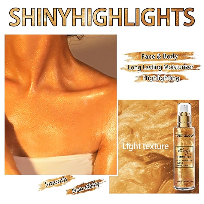 Shimmer Body Oil, Face and Body Liquid Luminizer Waterproof Moisturizing, Light Shimmer Glow Illuminator, Smooth Body Highlighter Makeup Liquid Body Shimmer (2# Gold)-VivaGrace Women