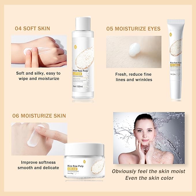 Skincare Gifts for Teenage Girls - Rice Raw Pulp Skin Care Sets & Kits - 6PCS Pamper Gifts for Women with Facial Cleanser-Toner-Eye Cream-Essence-Emulsion-Cream - Gift Set for Firming Hydrating Skin-VivaGrace Women