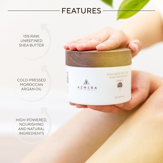 AZMERA Handcrafted Whipped Shea Body Butter – Luxurious Moisturizer for Dry, Sensitive Skin with Bergamot, Argan Oil & Vitamin E – Vegan, Non-Greasy Skincare – 8.82 oz-VivaGrace Women