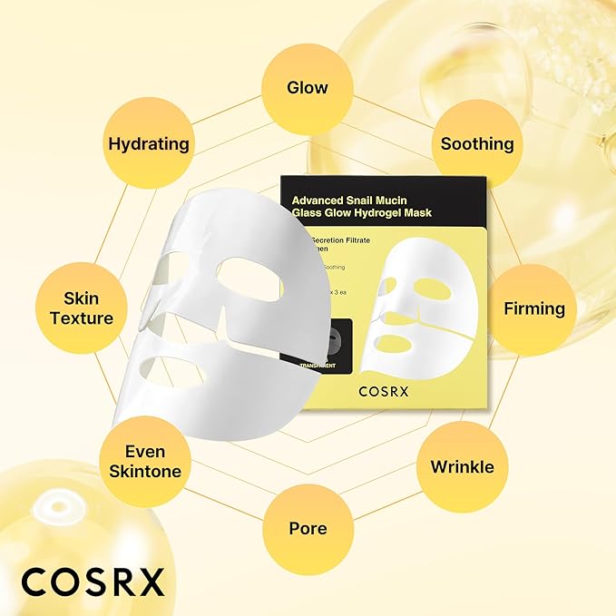 COSRX Advanced Snail Mucin Glass Glow Hydrogel Face Masks Skincare 3 EA, Collagen Face Mask, Travel Essentials, Overnight Face Mask, Korean Skin Care-VivaGrace Women