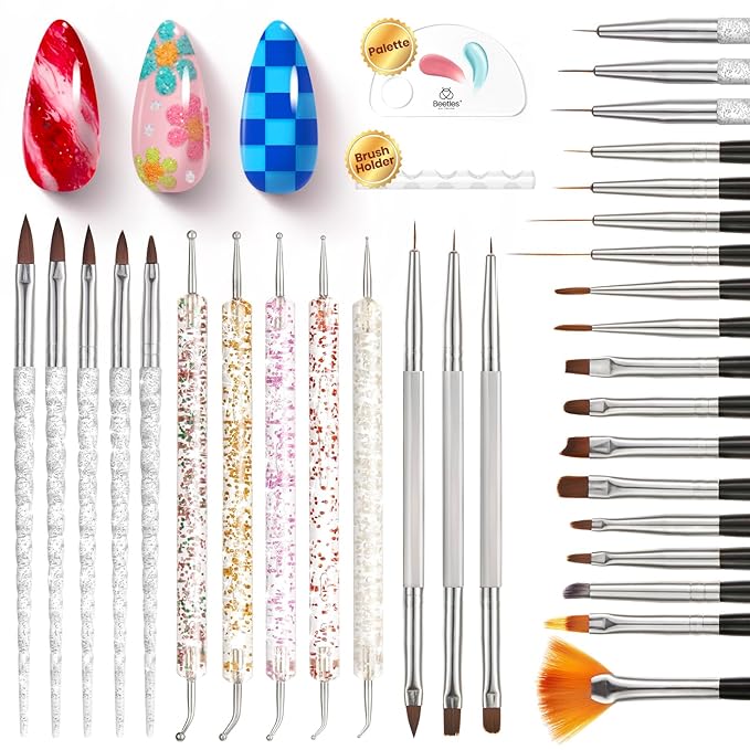 Beetles 31pcs Nail Art Brushes, Dotting Tools, Nail Art Pens, Dust Brush, Striping Liner Fingernail Drawing Pens with Palette Holder All in One for Starter Manicure Design Set-VivaGrace Women