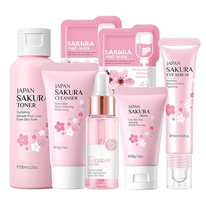 Skin Care Set Sakura Women Beauty Gift Sets Korean Skin Care Kit with Cleanser, Face Serum, Face Cream,Toner,Eye Cream,2Pcs Mud Mask - Skin Care Routine Kit for Women (SetC)-VivaGrace Women