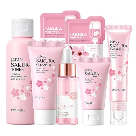 Skin Care Set Sakura Women Beauty Gift Sets Korean Skin Care Kit with Cleanser, Face Serum, Face Cream,Toner,Eye Cream,2Pcs Mud Mask - Skin Care Routine Kit for Women (SetC)-VivaGrace Women