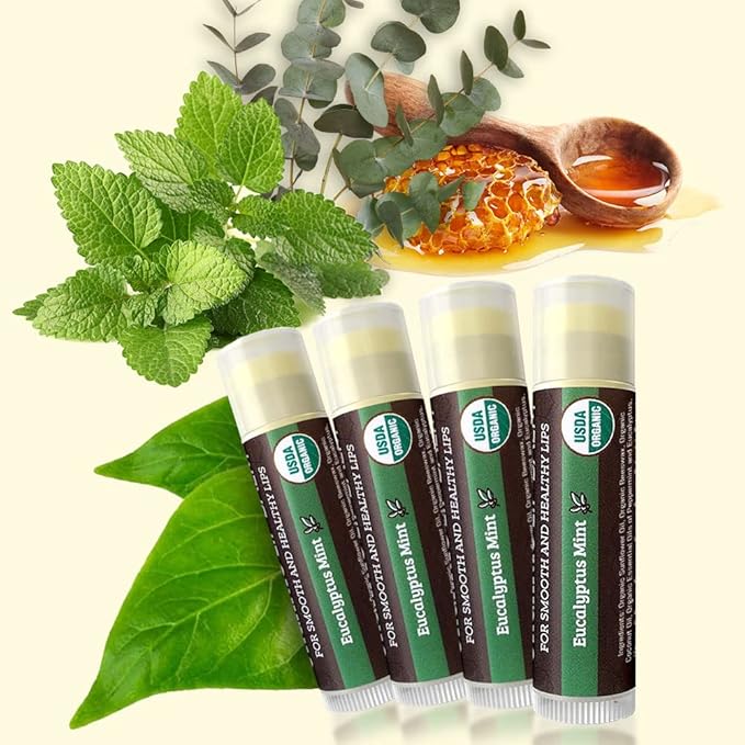 USDA Organic Lip Balm 4-Pack by Earth's Daughter - Eucalyptus Mint Flavor, Beeswax, Coconut Oil, Vitamin E - Best Lip Repair Chapstick for Dry Cracked Lips.-VivaGrace Women