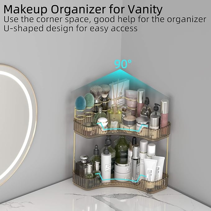 Corner Bathroom Counter Organizer with Top Toothbrush Holders, 2-Tier Make Up Organizers for Vanity with Brush Holder, Corner Storage for Bathroom, Kitchen, Dresser-VivaGrace Women