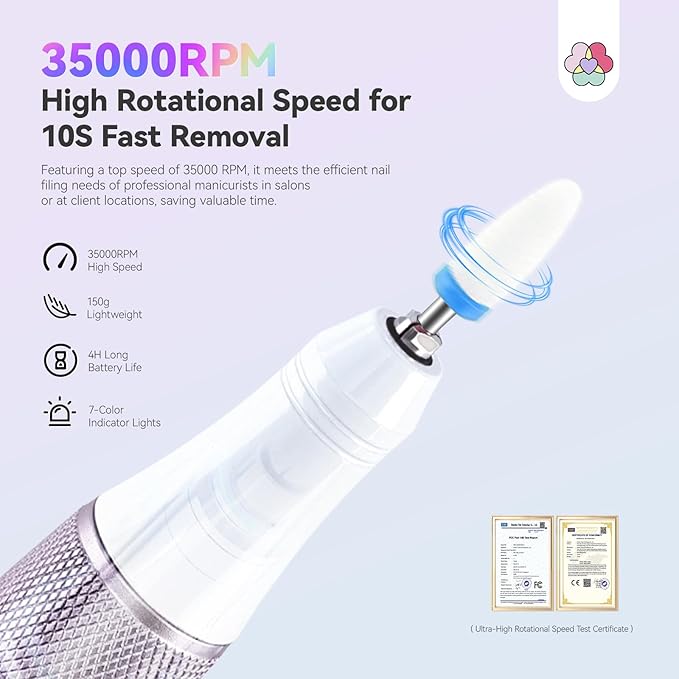 SAVILAND Advanced Cordless Electric Nail Drill: 10S Fast Removal 35000 RPM High Speed Nail File Kit for Acrylic Nail Tool Professional Rainbow Light LED Display Pro Manicure Kit Salon Travel Nail Tech-VivaGrace Women
