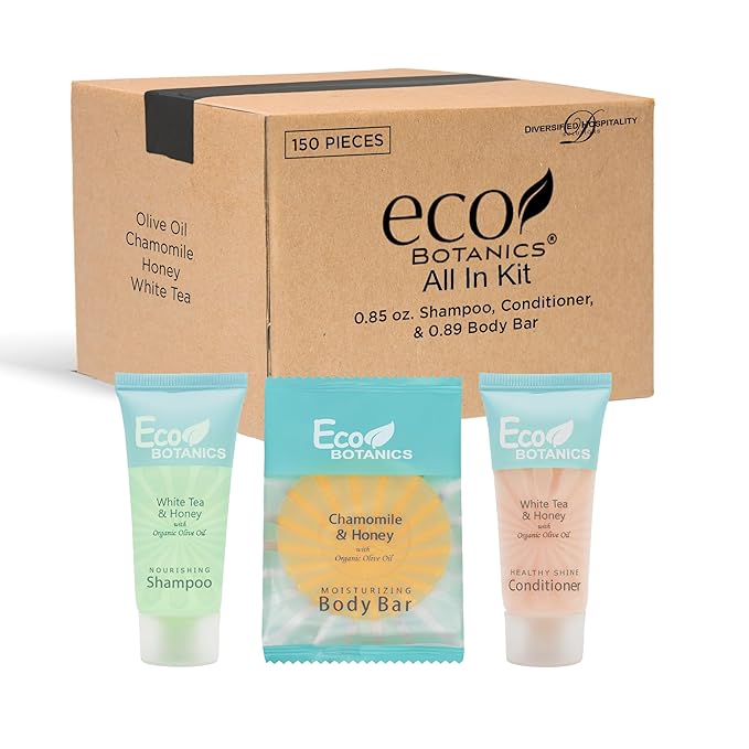 Eco Botanics Hotel Soaps and Toiletries Bulk Set | 1-Shoppe All-In-Kit Amenities for Hotels & Airbnb | 0.85 oz Hotel Shampoo & Conditioner, 0.89 oz Bar Soap Travel Size | 150 Pieces-VivaGrace Women