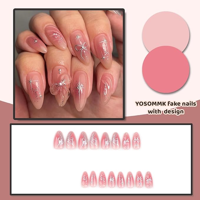 Press on Nails Almond Medium Length Fake Nails with Bow Designs Silver Sequins Glue on Artificial Nails Glossy Y2K False Nails for Women