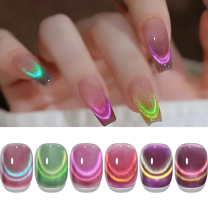 Born Pretty Cat Magnetic Eye Gel Nail Polish Rainbow Aurora Cat Magnetic Gel Polish Pink Green Blue Yellow Glitter Holographic Cat Magnetic Eye Gel Manicure Nail Art DIY, Firefly Aurora Series 6PCS-VivaGrace Women