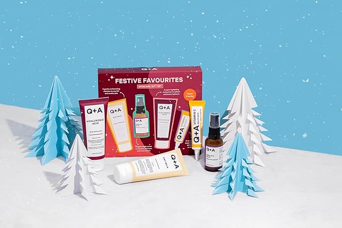 Q+A Festive Favourites Gift Set, containing a Hyaluronic Acid Moisturiser (75ml), an Oat Milk Cream Cleanser (75ml), an Azelaic Acid Serum (30ml), and a Caffeine Eye Serum (15ml)-VivaGrace Women