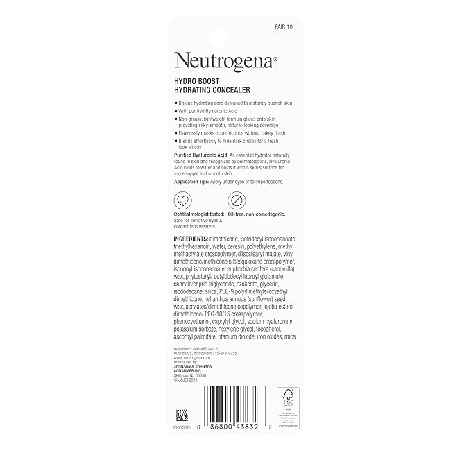 Neutrogena Hydro Boost Hydrating Concealer Stick for Dry Skin, Oil-Free, Lightweight, Non-Greasy and Non-Comedogenic Cover-Up Makeup with Hyaluronic Acid, 10/Fair, 0.12 Oz-VivaGrace Women