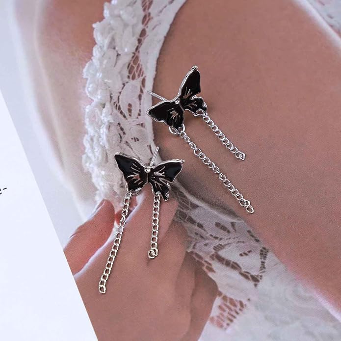 Vintage Butterfly Stud Earrings Silver Chain Tassel Dangle Earrings Black Butterfly Earrings Layer Chain Drop Earrings Jewelry for Women-VivaGrace Women