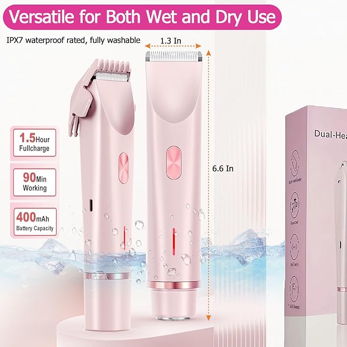 Bikini Trimmer for Women, Waterproof Bikini Shaver with Dual Head Design, Cordless Rechargeable Shaver for Women Private Area, Gentle Wet & Dry Hair Removal for Bikini Line & Underarms-VivaGrace Women