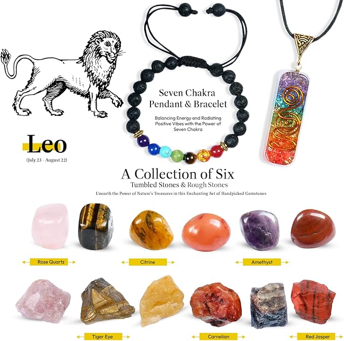 NARIBABU Leo Crystal Gift - Zodiac Crystals - Healing Crystal Pendant & Bracelet - Leo Horoscope Gifts - Zodiac Crystals for Beginners - Good Luck Birthstones Crystal Kit-VivaGrace Women