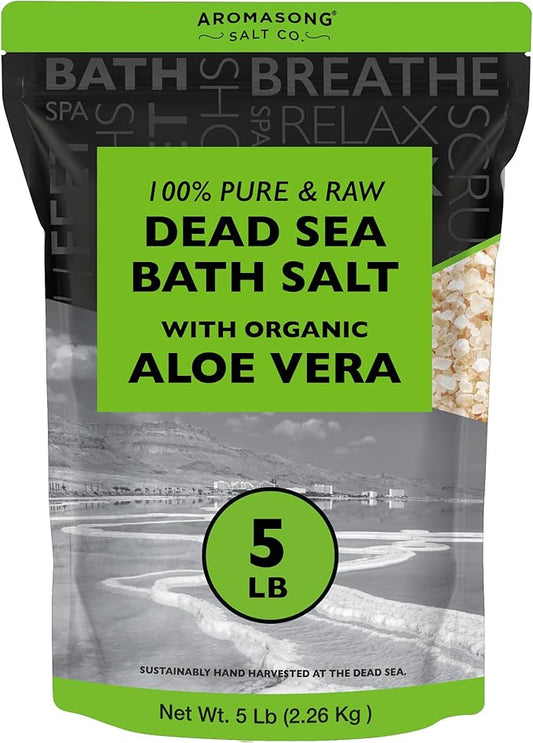 Aromasong 5 lbs Raw Dead Sea Salt with Organic Aloe Vera, not Cleaned, Still Contains All Dead sea Minerals Including Dead sea Mud, Fine Medium Grain Large resealable Bulk Pack (Packaging May Vary)-VivaGrace Women