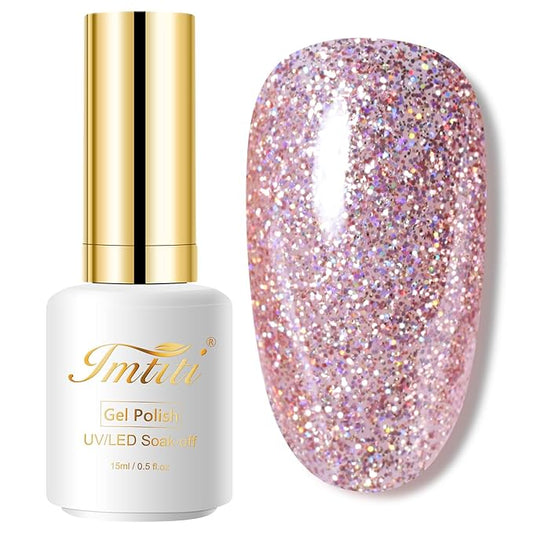 Imtiti Glitter Gold Pink Gel Nail Polish, 0.5 fl oz Glitter Gold Gel Polish UV/LED Soak Off Gel Nail Design for Autumn and Winter