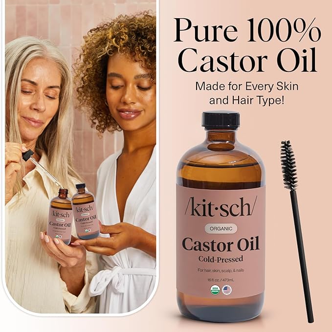 Kitsch Organic Castor Oil for Hair Growth - 100% Pure Castor Oil, Organic Cold Pressed Unrefined Glass Bottle for Face, Skin, Lashes, Brows, Scalp, Nails & Belly Button - Hexane Free, USDA - 16 oz-VivaGrace Women