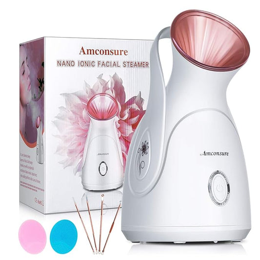Facial Steamer, Amconsure Nano Ionic Face Steamer for Home, 100ML Warm Mist Humidifier for Women Moisturizing, Unclogs Pores-Bonus Stainless Steel Skin Kit and 2 Face Scrubbers-VivaGrace Women