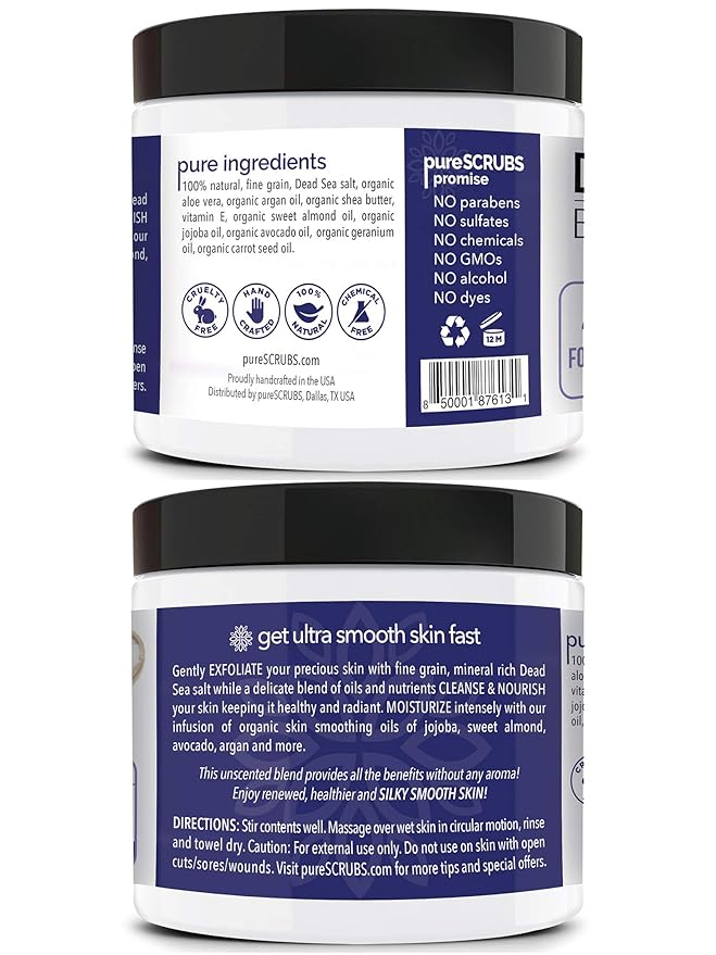 pureSCRUBS Premium Unscented Body Scrub Set - Large 16oz Dead Sea Salt Body Scrub With Infused Essential Oils & Nutrients, Includes Wooden Spoon, Loofah & Oatmeal Exfoliating Bar Soap-VivaGrace Women